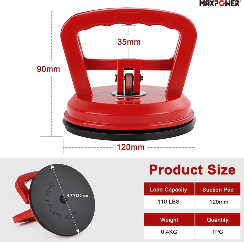 Max Power Glass Suction Cup, Aluminum Vacuum Suction Cup Lifter for Replace Windshield Tile Marble Floor, 110 Lbs Load Capacity, 4.7" Suction Pad - Image 2